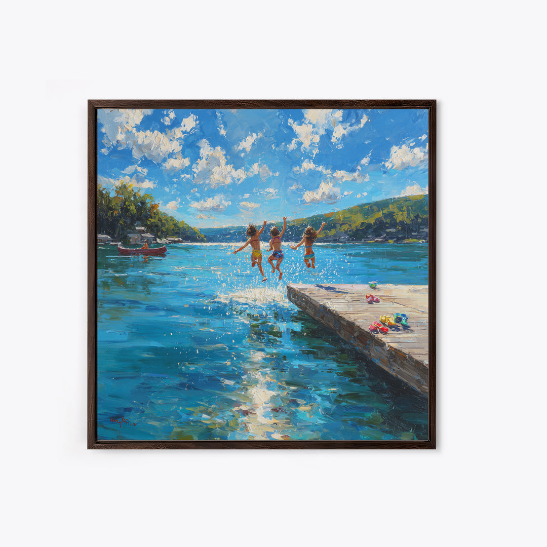 Kids Jumping Off A Sunny Lake Dock Wall Art, Summer Landscape Canvas Print, Lake House Decor, Playroom Art Gift For Coastal Home