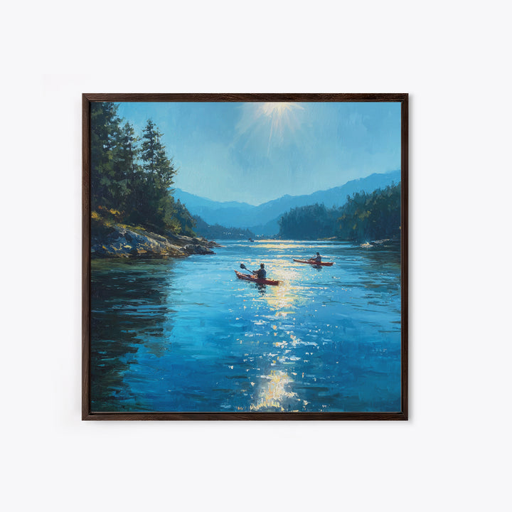 Sunlit Kayakers On Blue Mountain Lake Wall Art, Coastal Landscape Canvas Print, Nature Wall Decor For Living Room Home Decor Gift