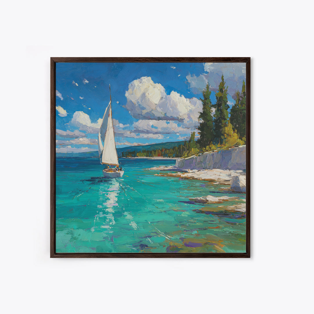 White Sailboat On Turquoise Lake Wall Art, Coastal Landscape Painting, Nautical Lake House Decor, Impasto Framed Canvas Print