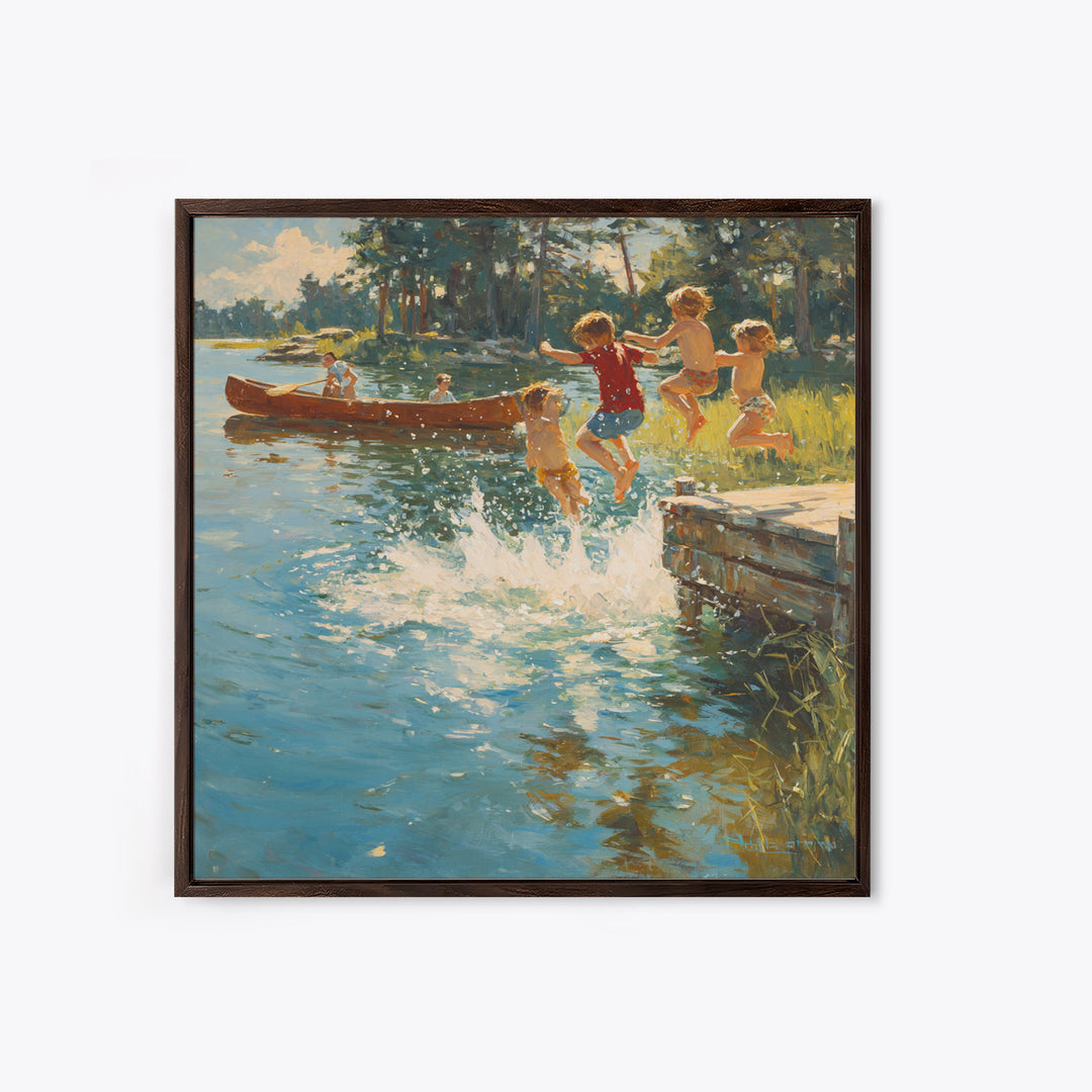 Children Jumping Into Sunny Lake Canvas Print, Summer Cabin Wall Art, Rustic Lake House Decor, Kids Room Art, Family Gift