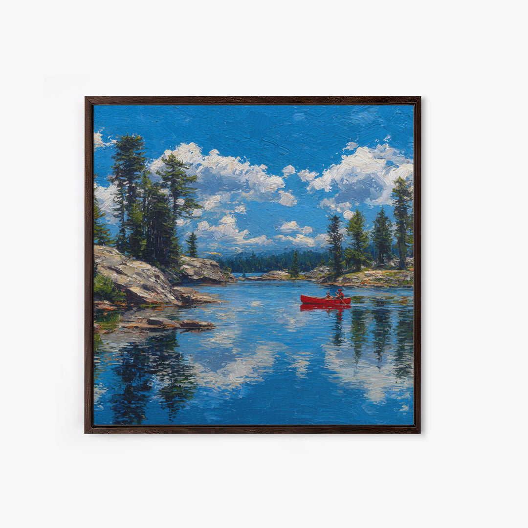 Red Canoe On Alpine Lake Wall Art, Mountain Landscape Painting, Rustic Cabin Decor, Pine Forest Nature Lover Framed Canvas Print