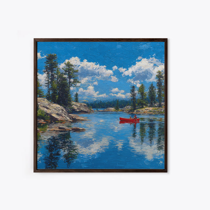 Red Canoe On Alpine Lake Wall Art, Mountain Landscape Painting, Rustic Cabin Decor, Pine Forest Nature Lover Framed Canvas Print