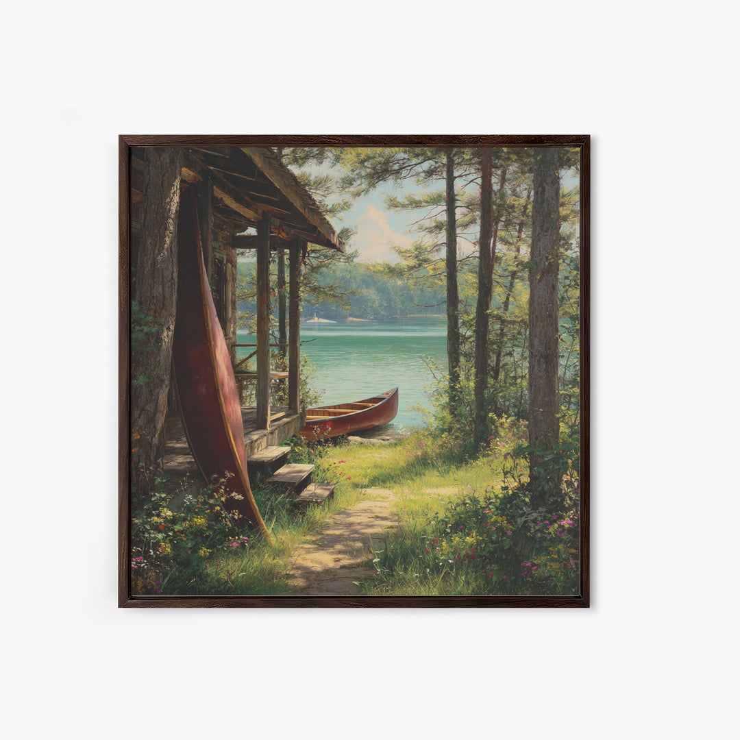 Lakeside Cabin With Red Canoes Framed Canvas Print, Rustic Lake House Wall Art, Cozy Nature Decor, Peaceful Getaway Gift