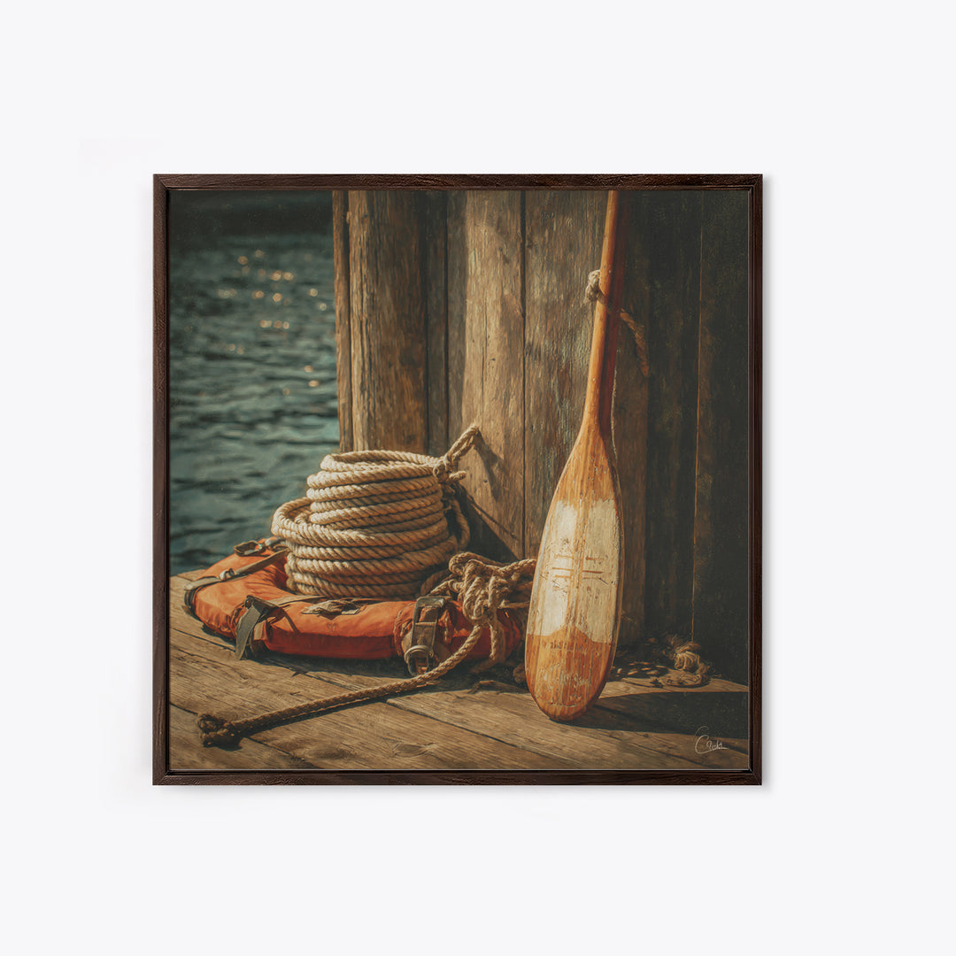 Weathered Oar And Coiled Rope Canvas Print, Nautical Wall Art, Rustic Coastal Decor, Seaside Lake House Gift For Boat Lovers