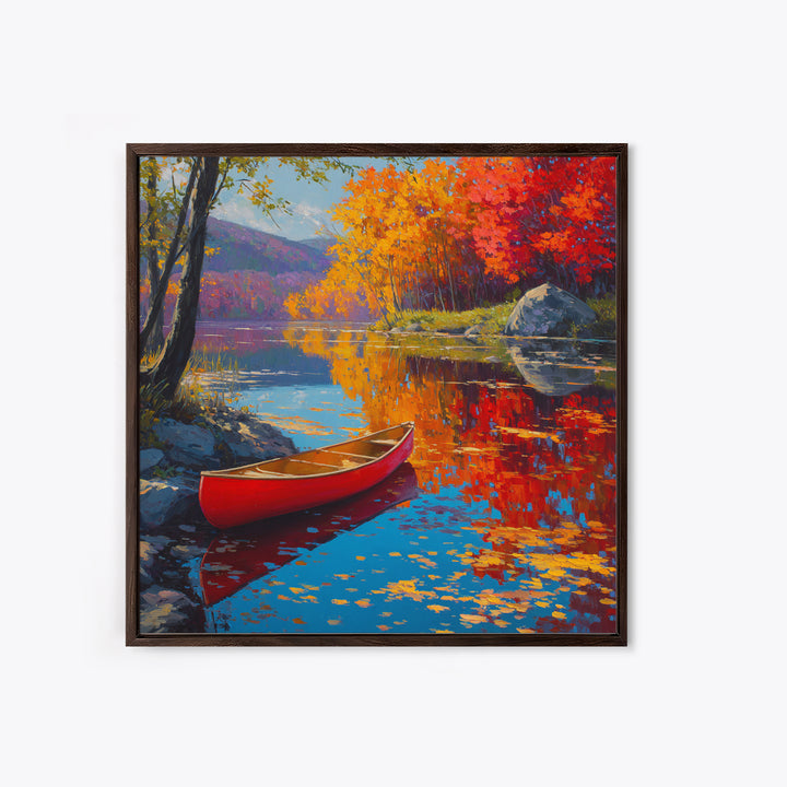 Red Canoe On Autumn Lake Wall Art, Colorful Fall Landscape Painting, Cabin Decor, Nature Wall Art, Housewarming Gift, Large Canvas Print