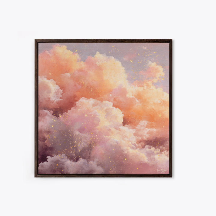Blush Pink Celestial Clouds With Golden Stars Wall Art, Dreamy Sky Canvas, Pastel Bedroom Decor, Nursery Gift, Ethereal Home Decor