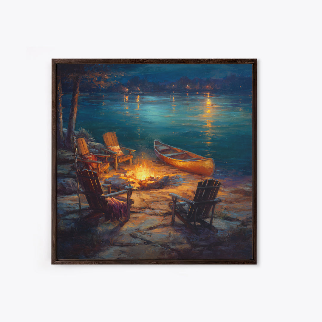 Lakeside Campfire Adirondack Chairs Wall Art, Canoe Night Lake Canvas Print, Cabin Decor, Rustic Housewarming Gift For Lake House