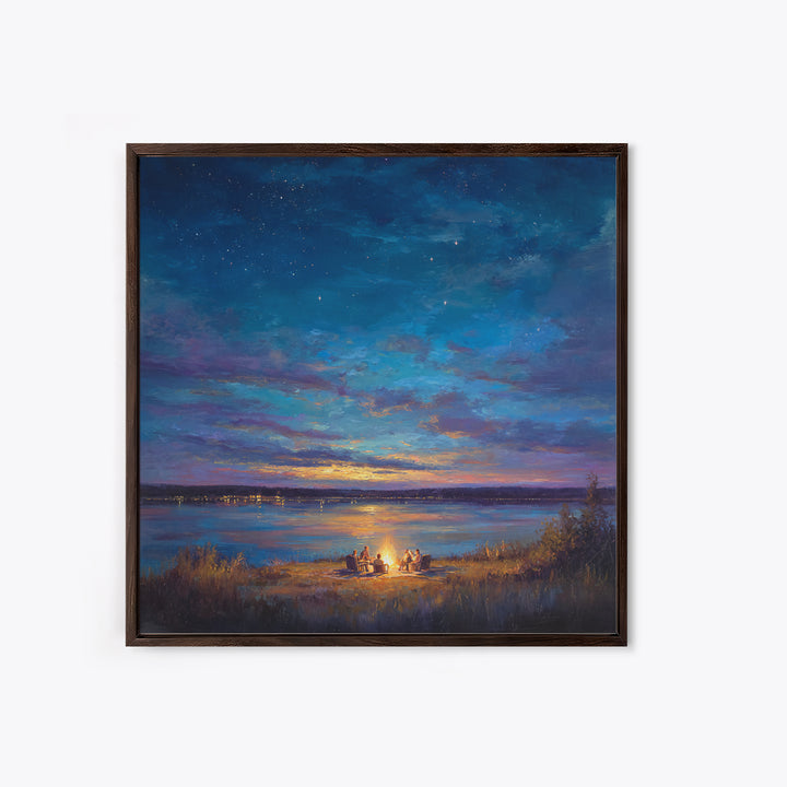 Starry Lakeside Campfire Canvas Print, Moody Night Sky Landscape Art, Cabin Wall Decor, Cozy Living Room Art, Housewarming Gift