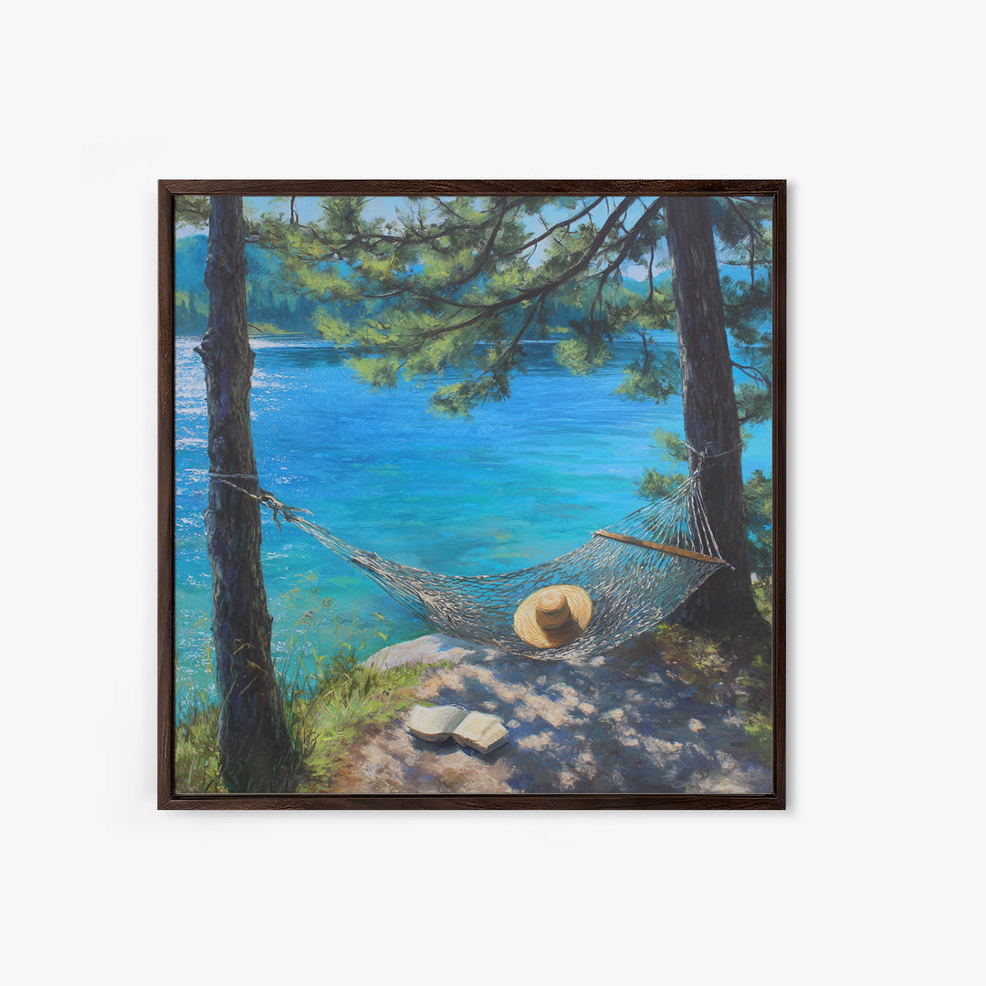 Pine Lake Hammock Reading Nook Wall Art, Coastal Lake House Decor, Peaceful Nature Canvas Print, Relaxing Bedroom Art Gift