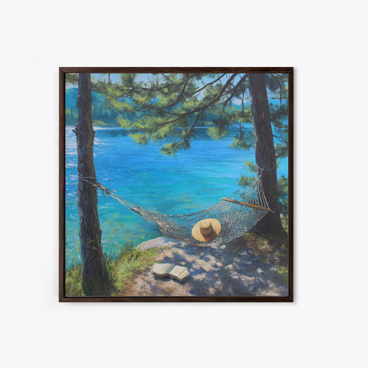 Pine Lake Hammock Reading Nook Wall Art, Coastal Lake House Decor, Peaceful Nature Canvas Print, Relaxing Bedroom Art Gift