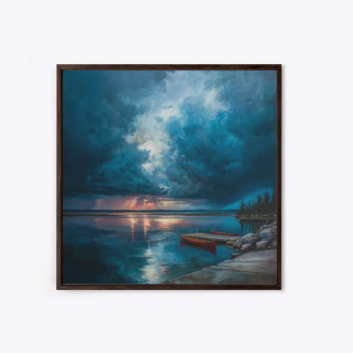 Moody Storm Over Lake With Canoes Canvas Print, Blue Seascape Wall Art, Dramatic Lightning Landscape, Cabin Decor, Nature Gift
