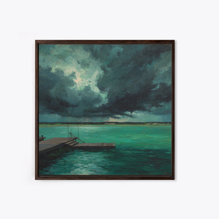 Stormy Turquoise Lake Dock And Dark Clouds Canvas Print, Moody Landscape Art, Coastal Wall Decor, Office Wall Art Gift For Him
