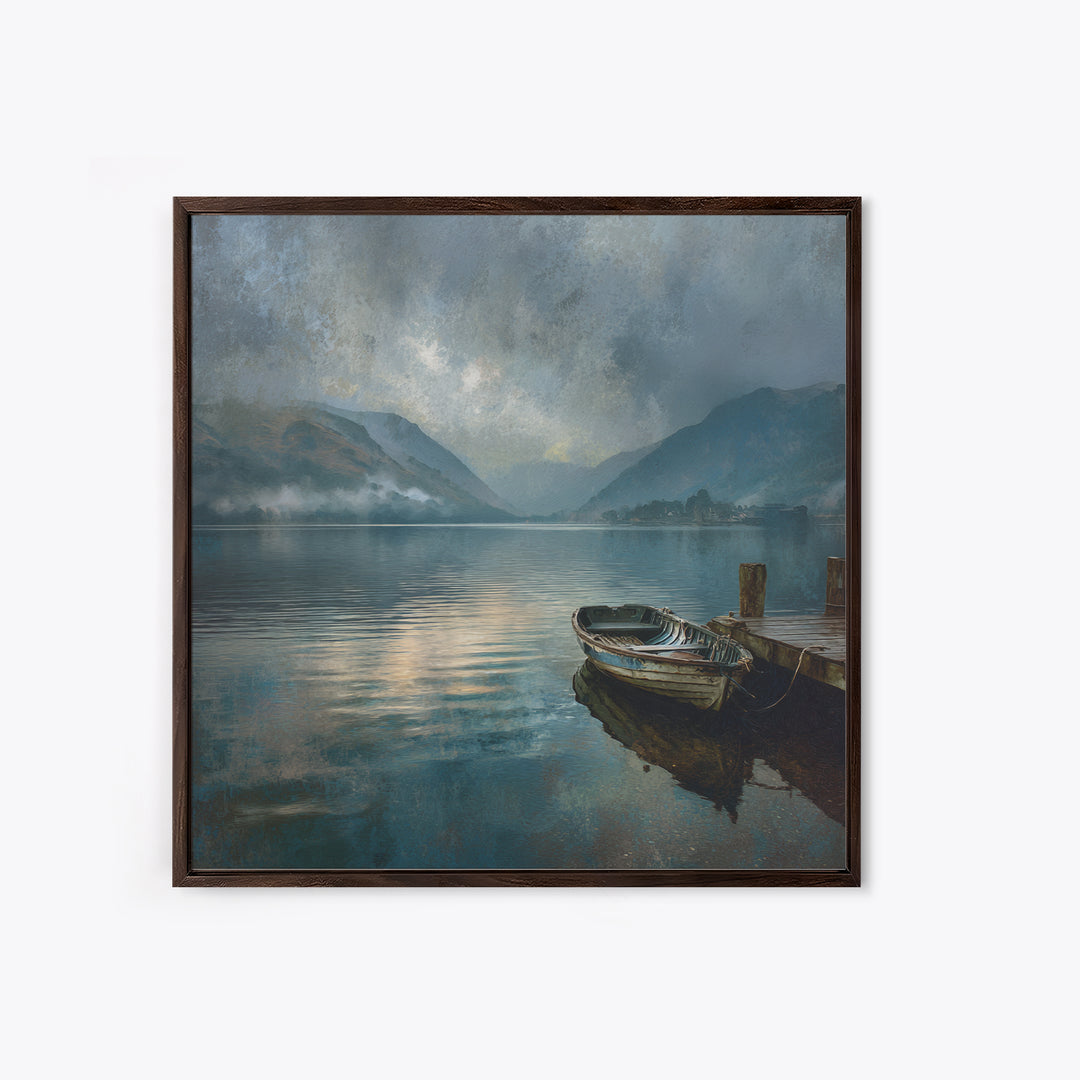 Moody Mountain Lake With Old Boat Wall Art, Misty Landscape Framed Canvas Print, Rustic Cabin Living Room Decor Housewarming Gift