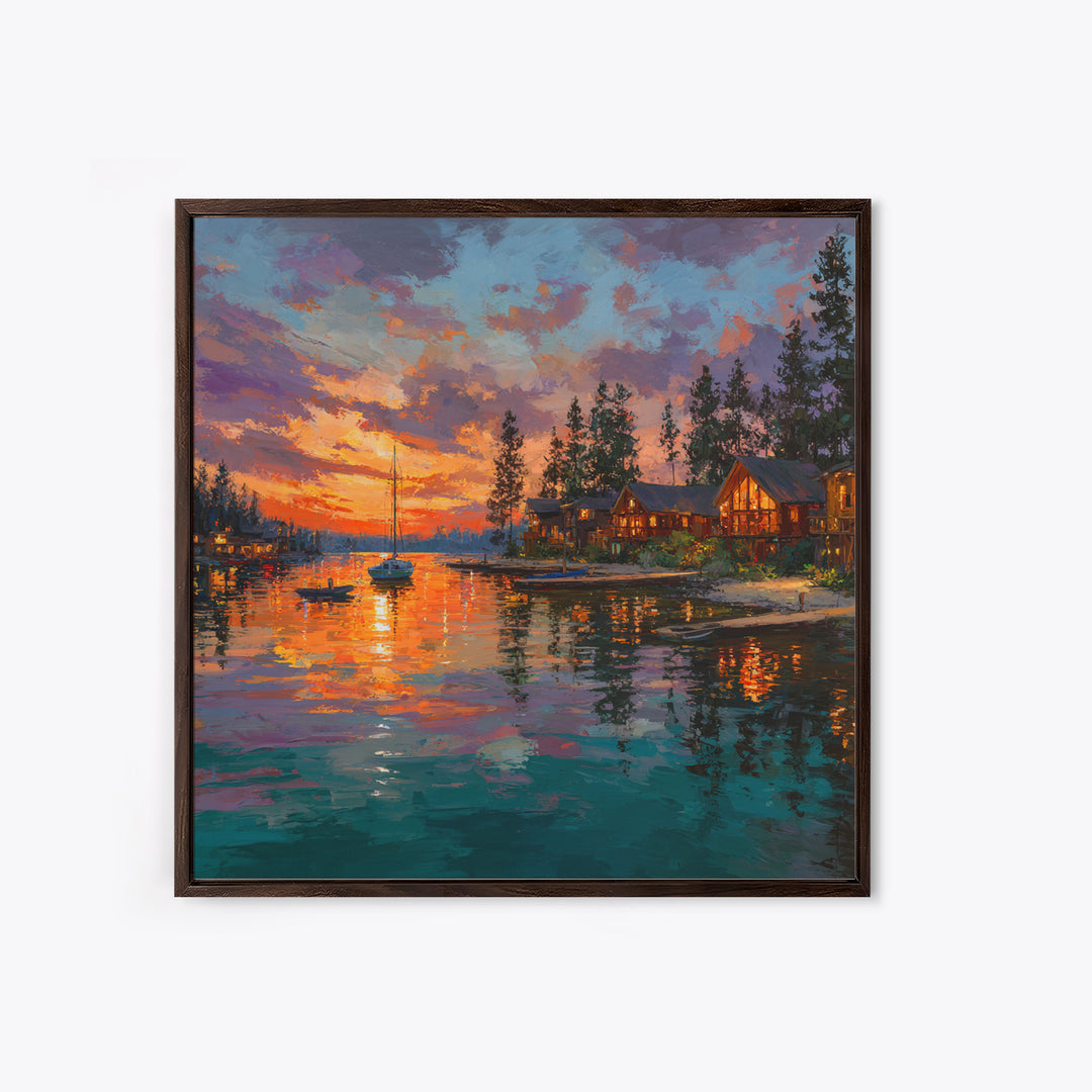 Glowing Lakeside Cabins At Sunset Wall Art, Coastal Landscape Canvas Print, Lake House Decor, Rustic Cabin Living Room Art