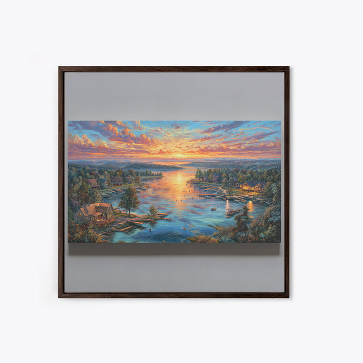 Sunset Lake Village Framed Canvas Print, Panoramic Landscape Wall Art, Coastal Cabin Decor, Large Living Room Art, Housewarming Gift