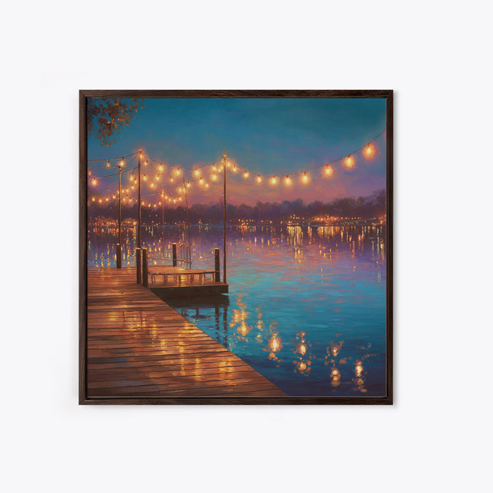 Twilight Lake Dock Lights Wall Art, Romantic Waterfront Canvas Print, Cozy Living Room Decor, Lake House Decor Gift For Her