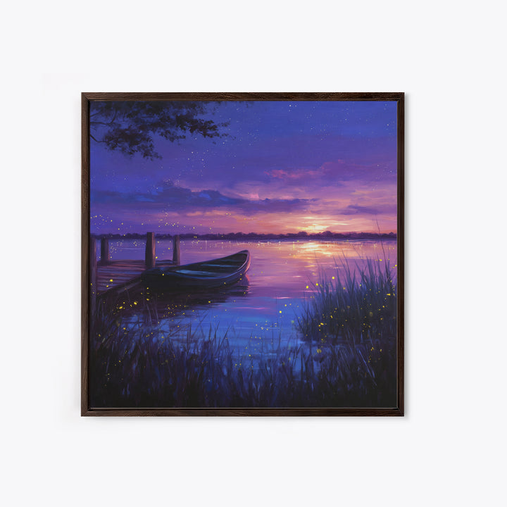Twilight Lake With Boat And Fireflies Painting Wall Art, Dreamy Night Landscape Print, Romantic Nature Bedroom Decor