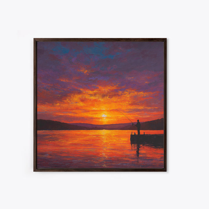 Fisherman At Fiery Sunset Wall Art, Serene Lake Landscape Canvas Print, Rustic Cabin Decor, Peaceful Nature Living Room Wall Art