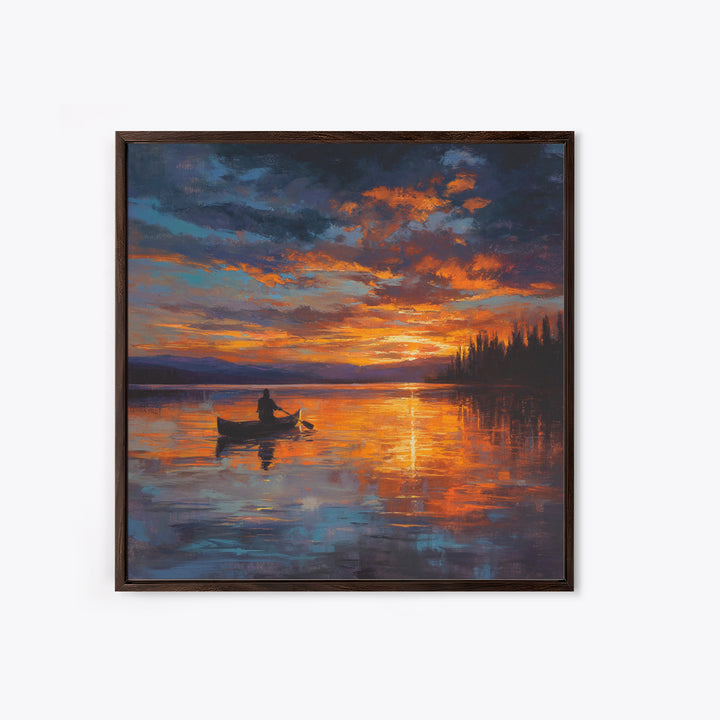 Canoe On Fiery Lake Sunset Framed Canvas Print, Impressionist Landscape Wall Art For Cozy Living Room Or Cabin Home Decor