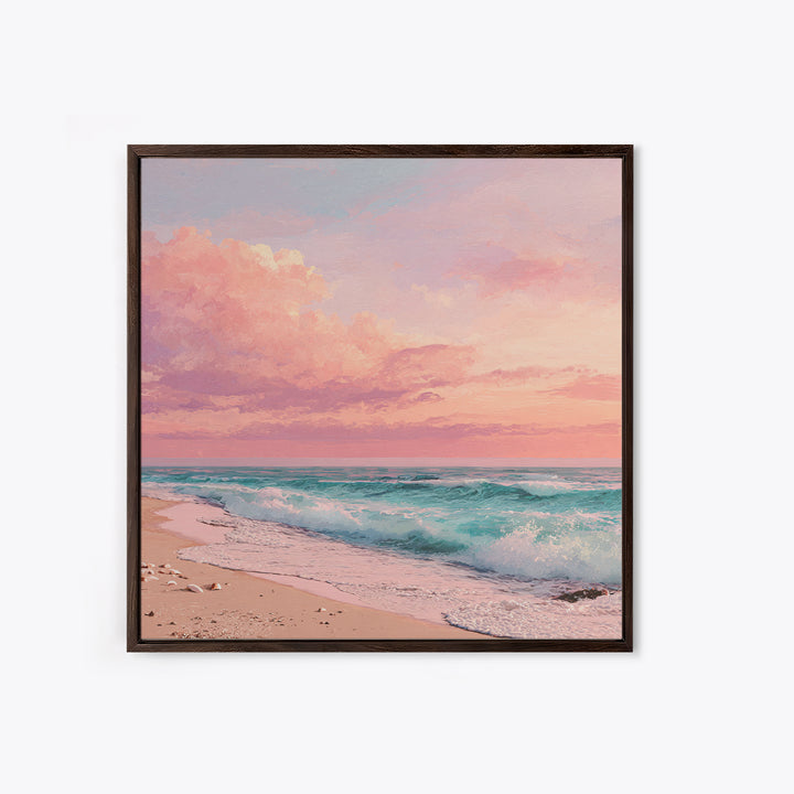 Pink Ocean Waves At Sunset Canvas Print, Pastel Coastal Wall Art, Beach House Decor, Large Living Room Wall Decor, Serene Seascape