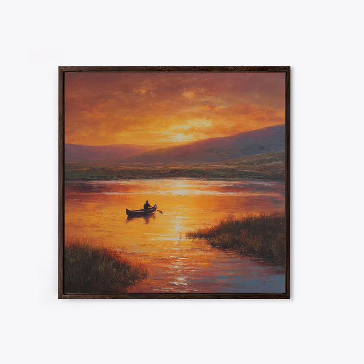 Golden Canoe At Sunset Lake Landscape Wall Art Canvas Print For Living Room Decor, Calming Nature Painting Home Decor