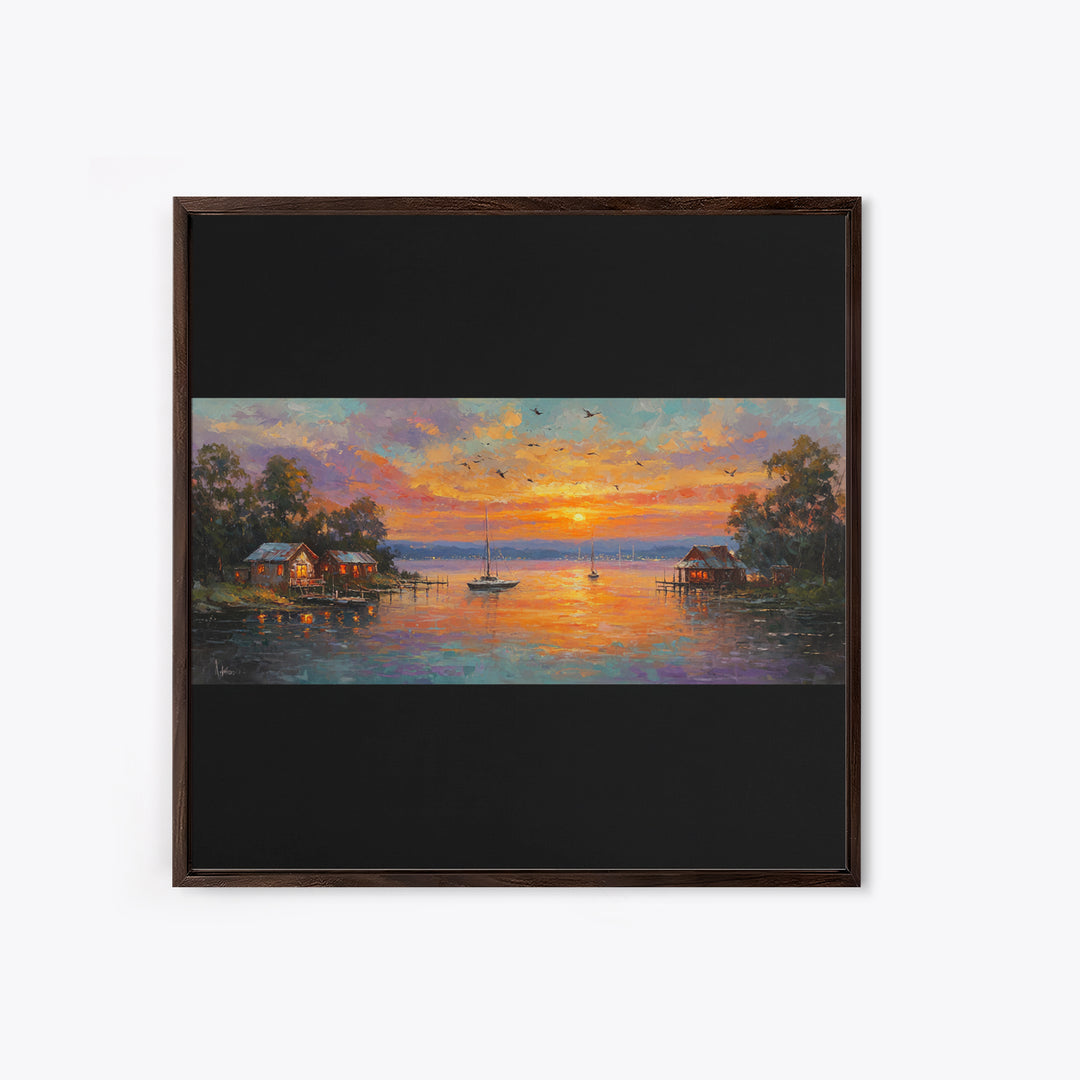 Sunset Lake Houses Palette Knife Painting Panoramic Wall Art Large Horizontal Canvas Print Coastal Wall Decor