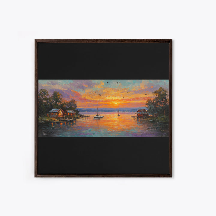 Sunset Lake Houses Palette Knife Painting Panoramic Wall Art Large Horizontal Canvas Print Coastal Wall Decor