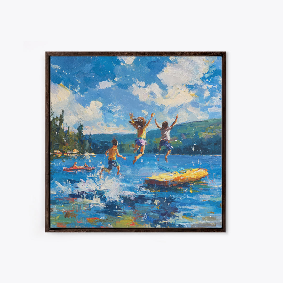 Kids Jumping Off Dock Lake Day Wall Art, Colorful Impressionist Summer Canvas Print, Playful Lake House Painting For Family Room Or Nursery