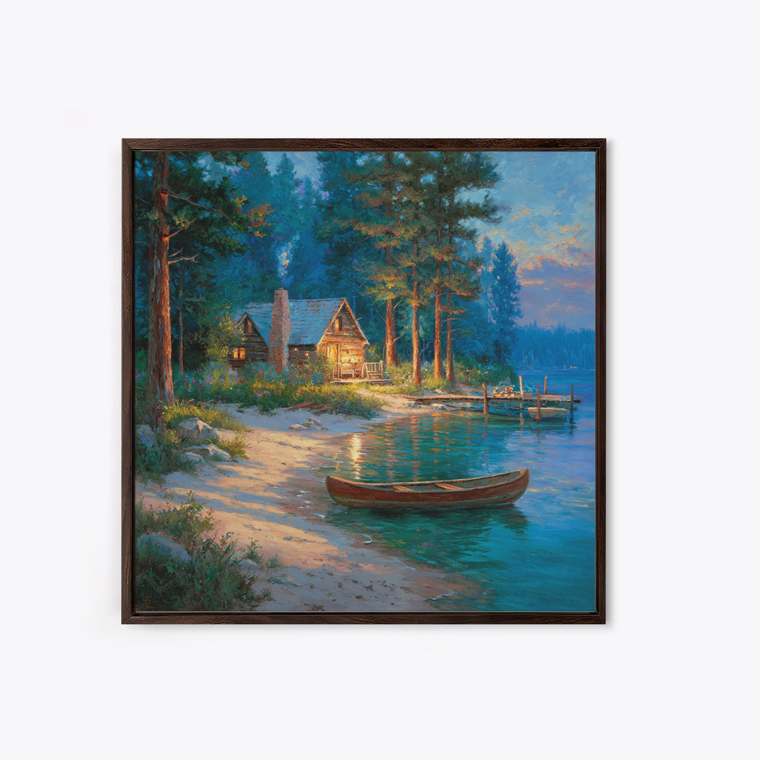 Cozy Lakeside Cabin At Dusk Landscape Wall Art Print, Rustic Lake House Home Decor, Nature Painting Living Room Wall Art