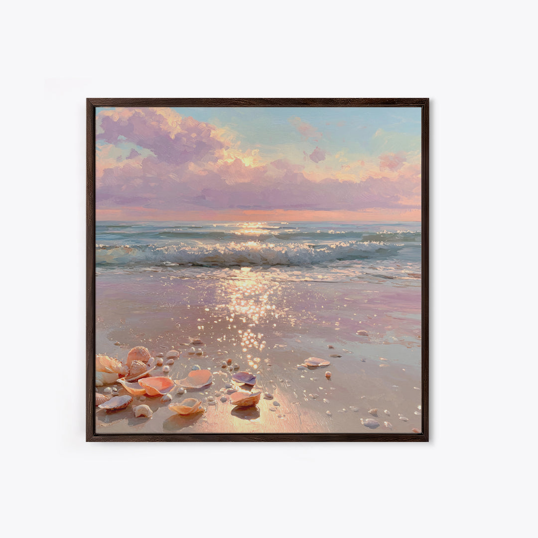 Sparkling Seashell Beach Sunrise Framed Canvas Print, Coastal Wall Art, Ocean Waves, Nautical Living Room Decor, Beach House Gift