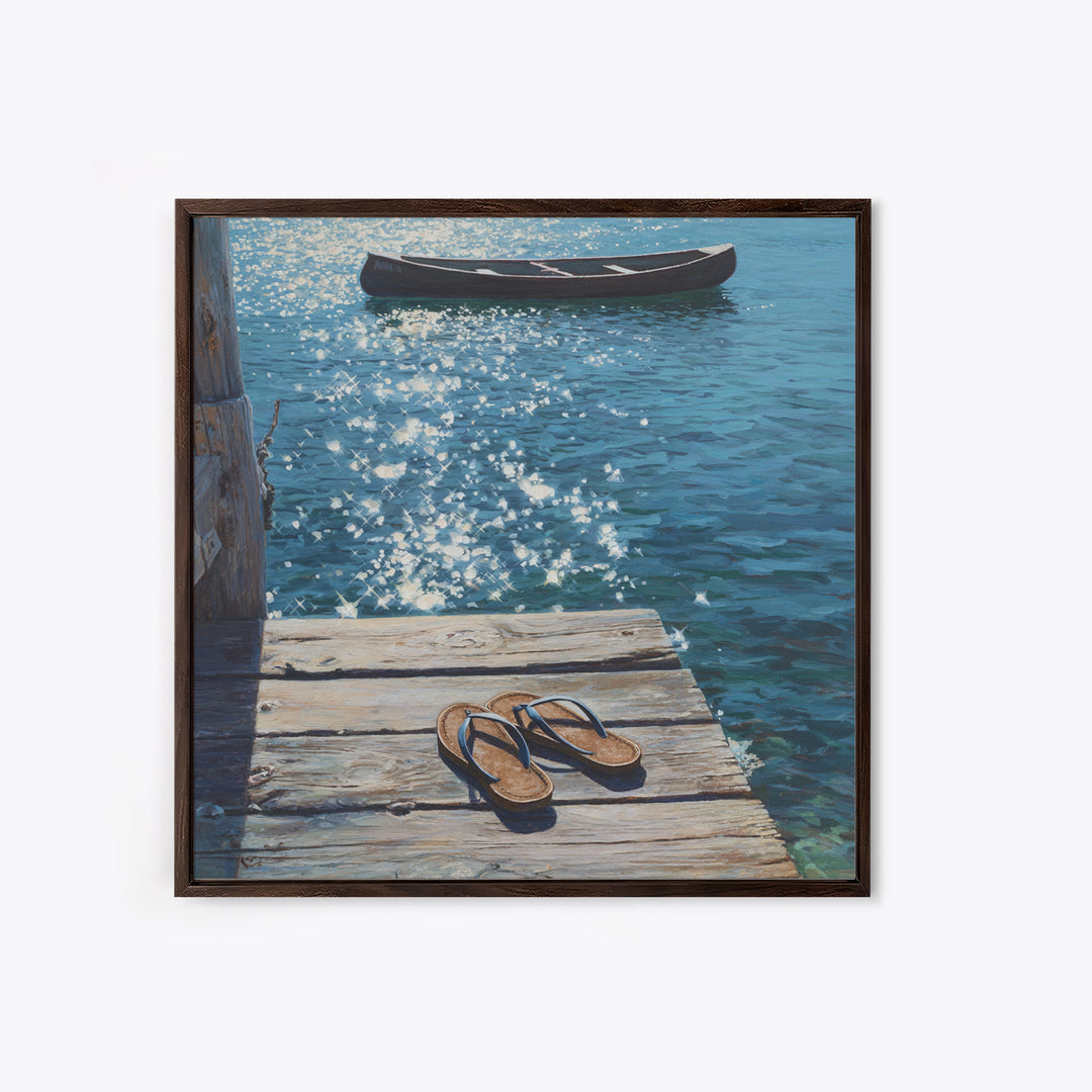 Sparkling Lake Dock With Boat Realism Wall Art, Coastal Summer Canvas Print, Beach House Decor Relaxing Ocean Lake Scene