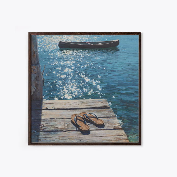 Sparkling Lake Dock With Boat Realism Wall Art, Coastal Summer Canvas Print, Beach House Decor Relaxing Ocean Lake Scene