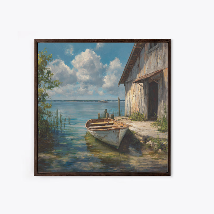 Peaceful Lakeside Barn Scene Wall Art Framed Canvas Print Rustic Country Home Decor For Living Room And Cozy Bedroom Decoration