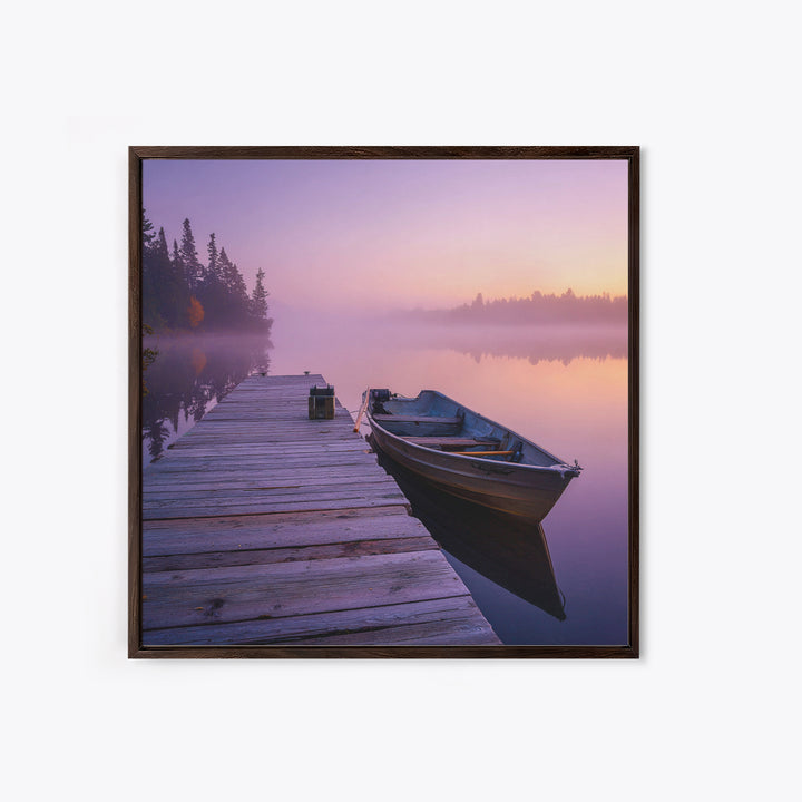 Serene Misty Lake Dock Wall Art, Calming Boat Landscape Canvas Print, Minimalist Nature Photography, Lake House Decor