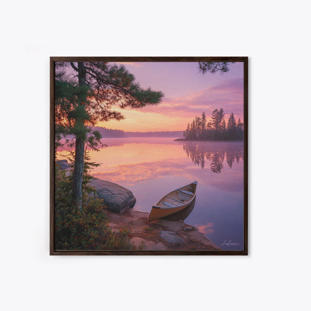 Canoe At Sunrise Lake Wall Art, Tranquil Morning Landscape Canvas Print, Nature Photography For Cabin Or Living Room Decor