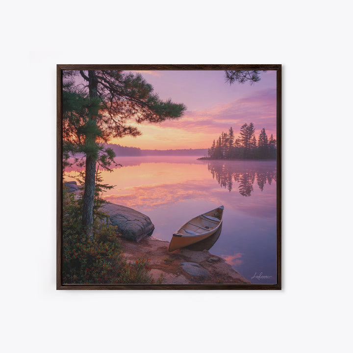 Canoe At Sunrise Lake Wall Art, Tranquil Morning Landscape Canvas Print, Nature Photography For Cabin Or Living Room Decor