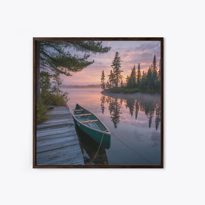 Tranquil Canoe At Sunrise Lake Landscape Wall Art Print, Serene Nature Photography, Cabin Rustic Home Decor Wall Art