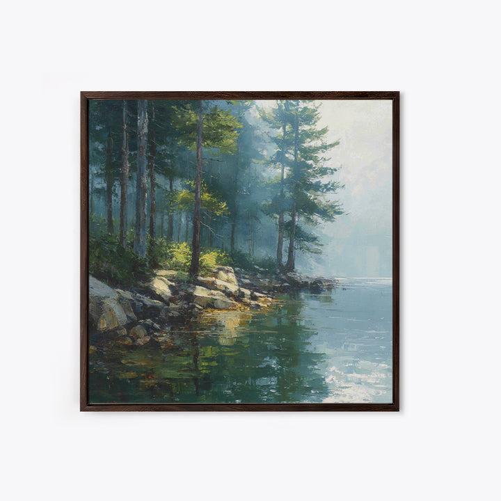 Misty Forest Lake Landscape Wall Art, Tranquil Nature Painting, Cabin Retreat Decor, Large Coastal Forest Canvas Print
