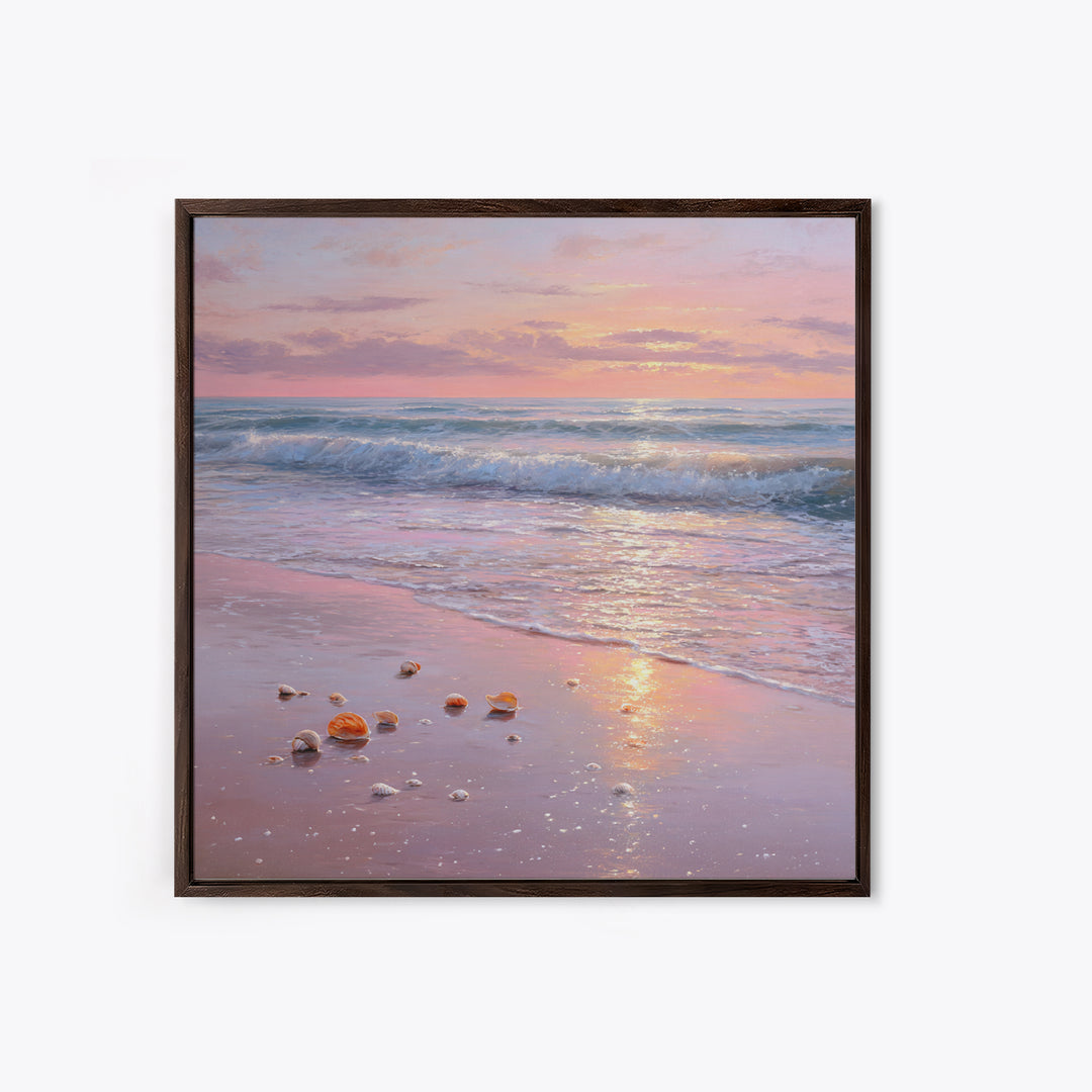 Pastel Sunset Ocean Shore With Seashells Canvas Print, Pink Coastal Wall Art, Beach House Decor, Calming Seascape, Living Room Wall Decor