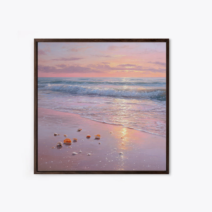 Pastel Sunset Ocean Shore With Seashells Canvas Print, Pink Coastal Wall Art, Beach House Decor, Calming Seascape, Living Room Wall Decor