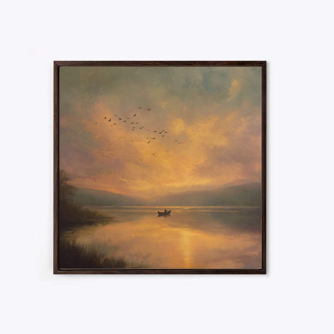 Golden Sunset Rowboat Landscape Wall Art, Romantic Lake Canvas Print For Cozy Living Room Decor And Bedroom Wall