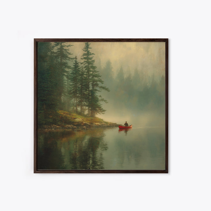 Misty Forest Lake With Red Canoe Wall Art, Peaceful Morning Landscape Canvas Print, Cozy Cabin Decor Artwork