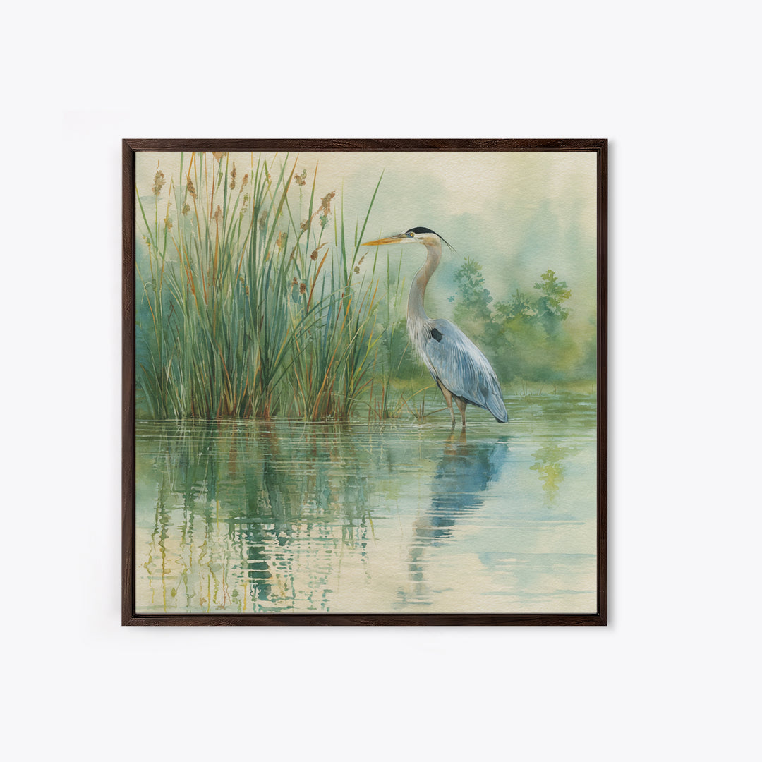 Heron Marsh Watercolor Wall Art, Nature Bird Canvas Print, Tranquil Coastal Landscape Art For Bathroom Or Living Room