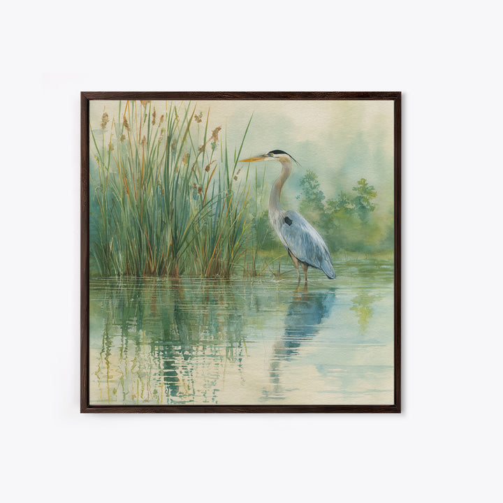 Heron Marsh Watercolor Wall Art, Nature Bird Canvas Print, Tranquil Coastal Landscape Art For Bathroom Or Living Room