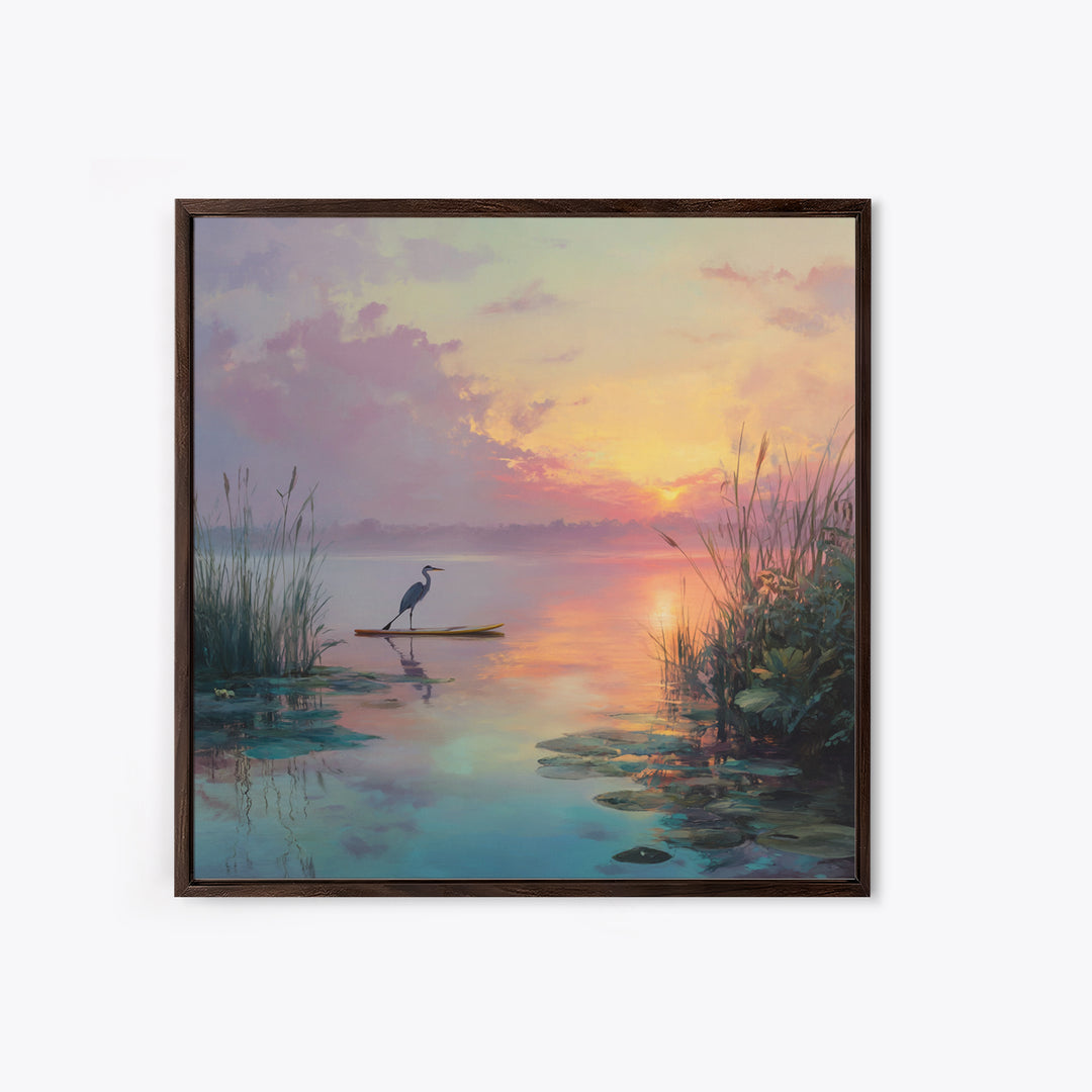 Pastel Lake Sunrise Heron Reeds And Lilies Landscape Wall Art Canvas Print Calming Nature Home Decor Bedroom Wall Art