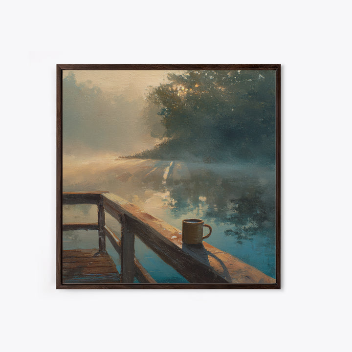 Misty Lake Morning Dock Wall Art, Coffee Mug By Water, Calming Landscape Canvas Print For Bedroom Or Living Room Decor