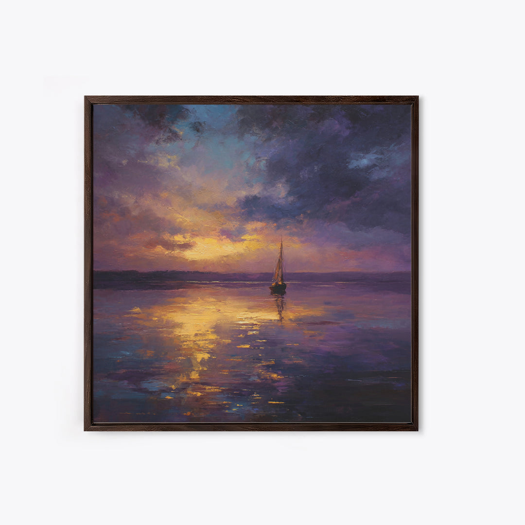 Moody Sailboat Sunset Oil Painting Wall Art, Impressionist Seascape Canvas Print, Calming Coastal Decor For Bedroom Or Living Room