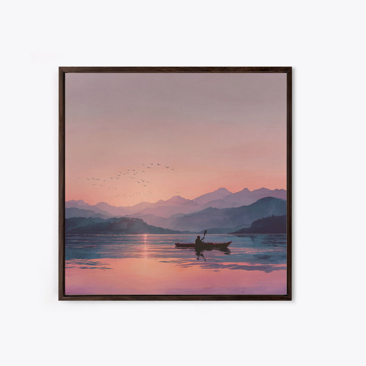 Serene Kayak At Pink Mountain Sunrise Landscape Wall Art, Calming Lake Painting, Nature Home Decor Canvas Print