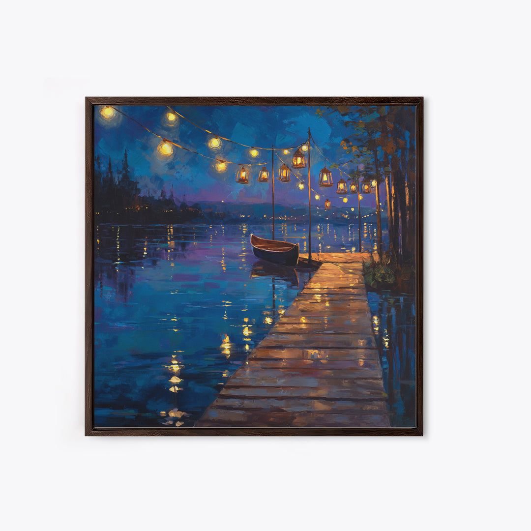 Romantic Lakeside Dock At Night Boat Lights Reflections Wall Art Canvas Print Modern Coastal Home Decor Living Room Wall Art