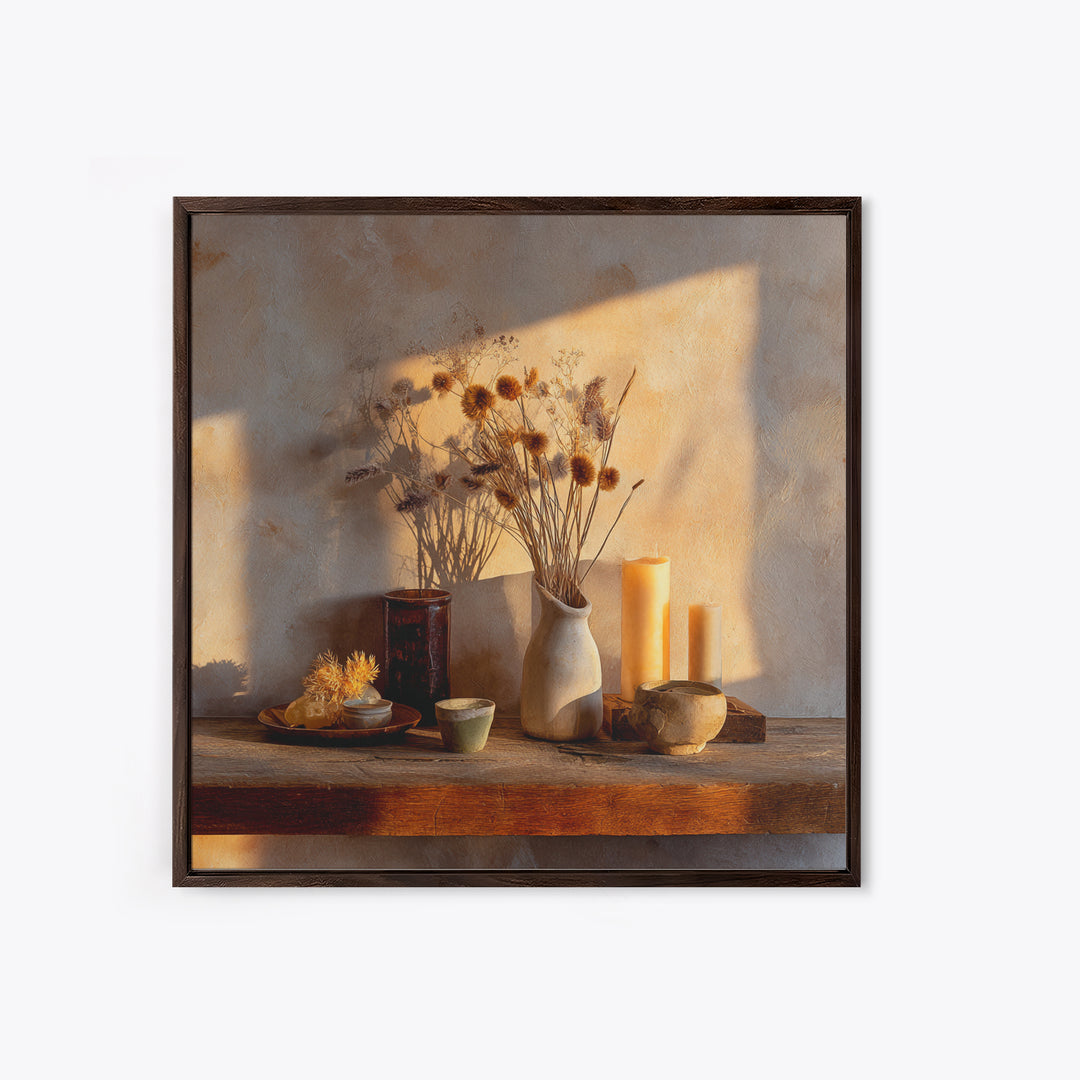 Rustic Dried Flower Still Life With Candles Wall Art, Neutral Wabi Sabi Decor, Farmhouse Shelf Fine Art Print, Warm Earth Tone Home Decor